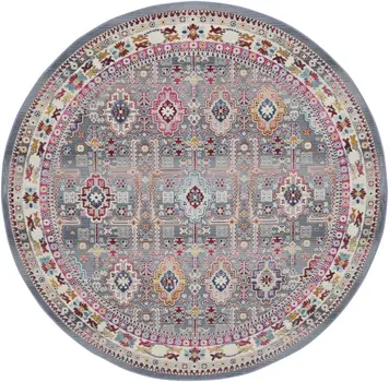 6' Ivory Pink And Gray Floral Distressed Round Rug