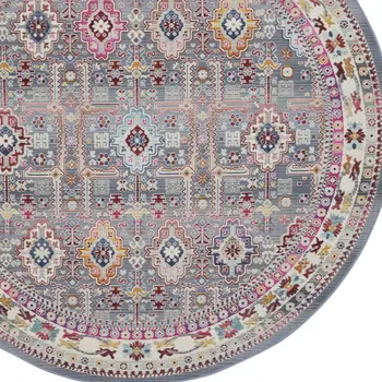 6' Ivory Pink And Gray Floral Distressed Round Rug