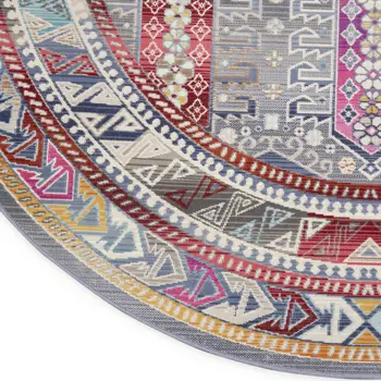 6' Ivory Gray And Red Floral Distressed Round Rug