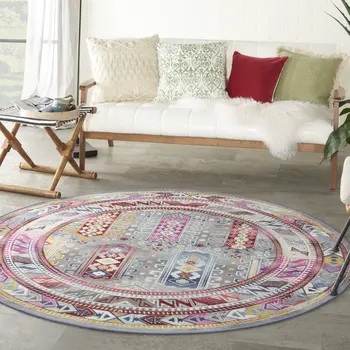 6' Ivory Gray And Red Floral Distressed Round Rug