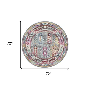 6' Ivory Gray And Red Floral Distressed Round Rug