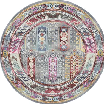 6' Ivory Gray And Red Floral Distressed Round Rug
