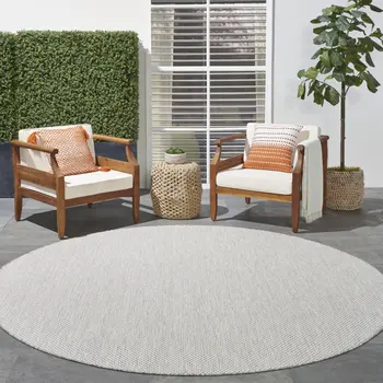 6' Ivory And Silver Round Geometric Indoor Outdoor Area Rug