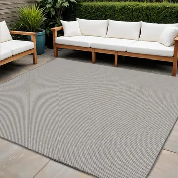 6' Ivory And Charcoal Square Geometric Indoor Outdoor Area Rug