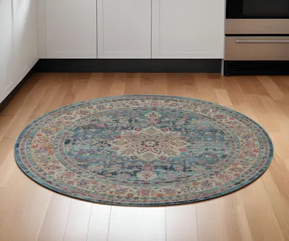 6' Blue And Beige Floral Distressed Round Rug
