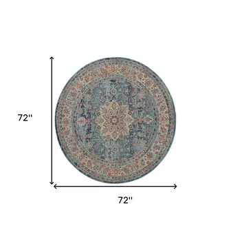 6' Blue And Beige Floral Distressed Round Rug
