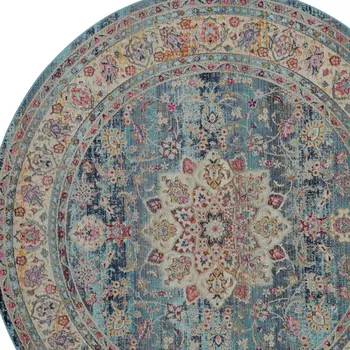 6' Blue And Beige Floral Distressed Round Rug