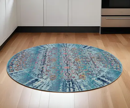 6' Blue Red And Orange Floral Distressed Round Rug