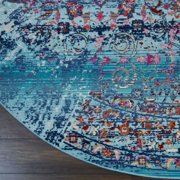 6' Blue Red And Orange Floral Distressed Round Rug