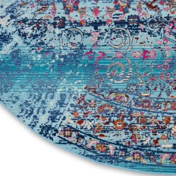 6' Blue Red And Orange Floral Distressed Round Rug