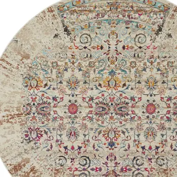 6' Blue Red And Orange Floral Distressed Round Rug