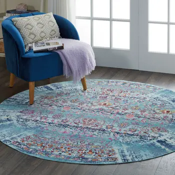 6' Blue Red And Orange Floral Distressed Round Rug