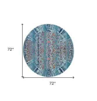 6' Blue Red And Orange Floral Distressed Round Rug
