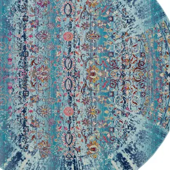 6' Blue Red And Orange Floral Distressed Round Rug