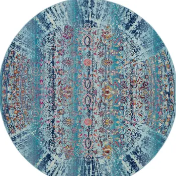 6' Blue Red And Orange Floral Distressed Round Rug
