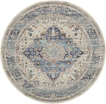 6' Ivory Blue And Orange Floral Distressed Round Rug