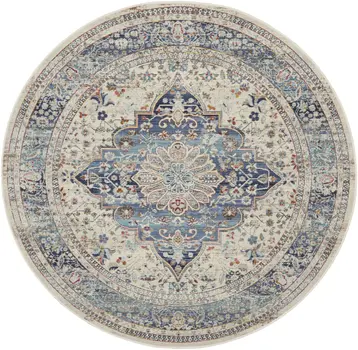 6' Ivory Blue And Orange Floral Distressed Round Rug