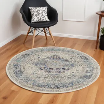 6' Ivory Blue And Orange Floral Distressed Round Rug