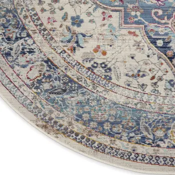 6' Ivory Blue And Orange Floral Distressed Round Rug
