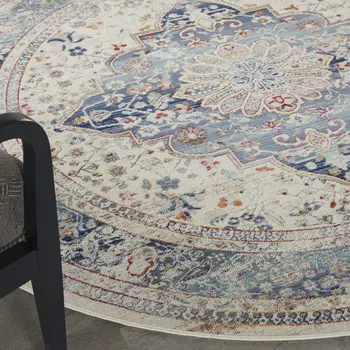 6' Ivory Blue And Orange Floral Distressed Round Rug