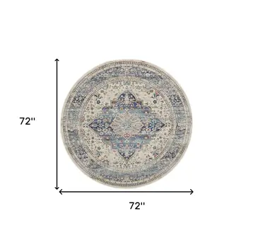 6' Ivory Blue And Orange Floral Distressed Round Rug