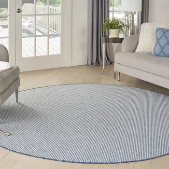 6' Ivory And Blue Round Geometric Indoor Outdoor Area Rug