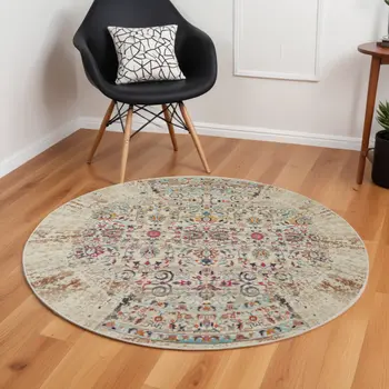 6' Ivory And Brown Floral Distressed Round Rug