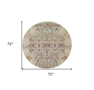 6' Ivory And Brown Floral Distressed Round Rug
