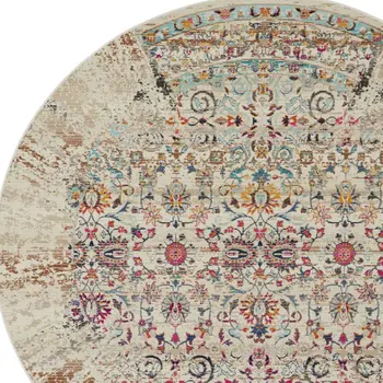 6' Ivory And Brown Floral Distressed Round Rug