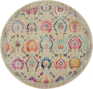 6' Ivory Pink And Orange Floral Distressed Round Rug