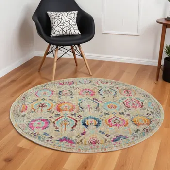 6' Ivory Pink And Orange Floral Distressed Round Rug