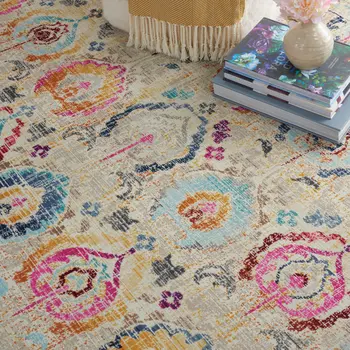 6' Ivory Pink And Orange Floral Distressed Round Rug