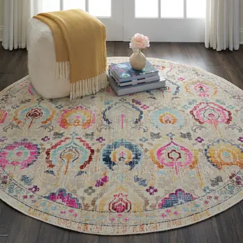 6' Ivory Pink And Orange Floral Distressed Round Rug