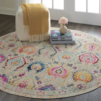 6' Ivory Pink And Orange Floral Distressed Round Rug