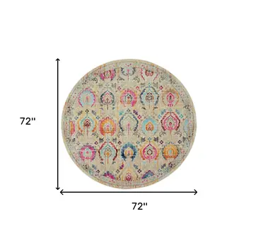 6' Ivory Pink And Orange Floral Distressed Round Rug
