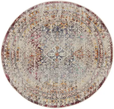 6' Ivory Red And Orange Geometric Distressed Round Rug