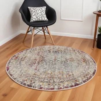6' Ivory Red And Orange Geometric Distressed Round Rug