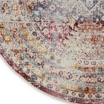 6' Ivory Red And Orange Geometric Distressed Round Rug
