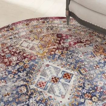 6' Ivory Red And Orange Geometric Distressed Round Rug