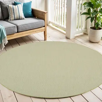 6' Ivory And Green Round Geometric Indoor Outdoor Area Rug