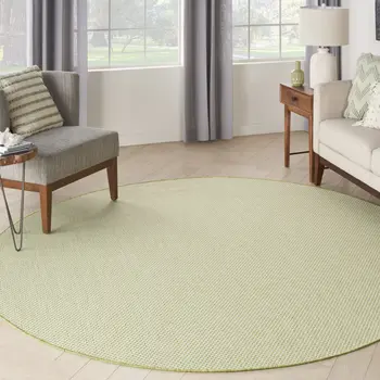 6' Ivory And Green Round Geometric Indoor Outdoor Area Rug