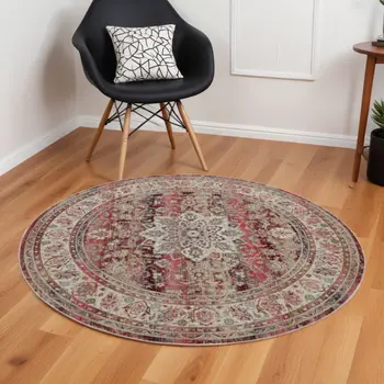 6' Ivory And Red Floral Distressed Round Rug