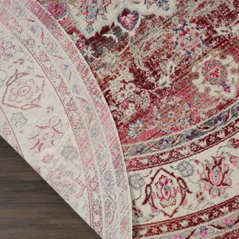 6' Ivory And Red Floral Distressed Round Rug