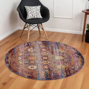 6' Blue Yellow And Red Floral Distressed Non Skid Round Rug