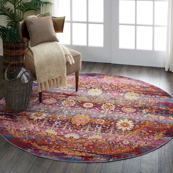 6' Blue Yellow And Red Floral Distressed Non Skid Round Rug