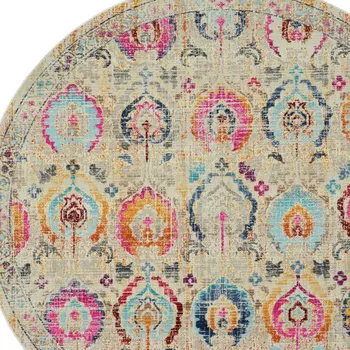 6' Blue Yellow And Red Floral Distressed Non Skid Round Rug