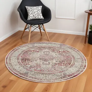 6' Ivory Red And Brown Floral Distressed Round Rug