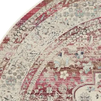 6' Ivory Red And Brown Floral Distressed Round Rug