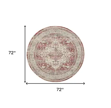 6' Ivory Red And Brown Floral Distressed Round Rug
