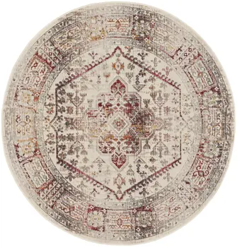 6' Ivory Red And Orange Floral Distressed Round Rug